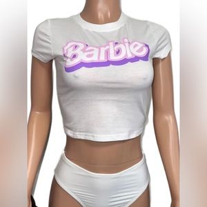 Barbie Print Crop Baby Tee T-Shirt Top Pastel Tiny Fit Barbiecore Spring Break